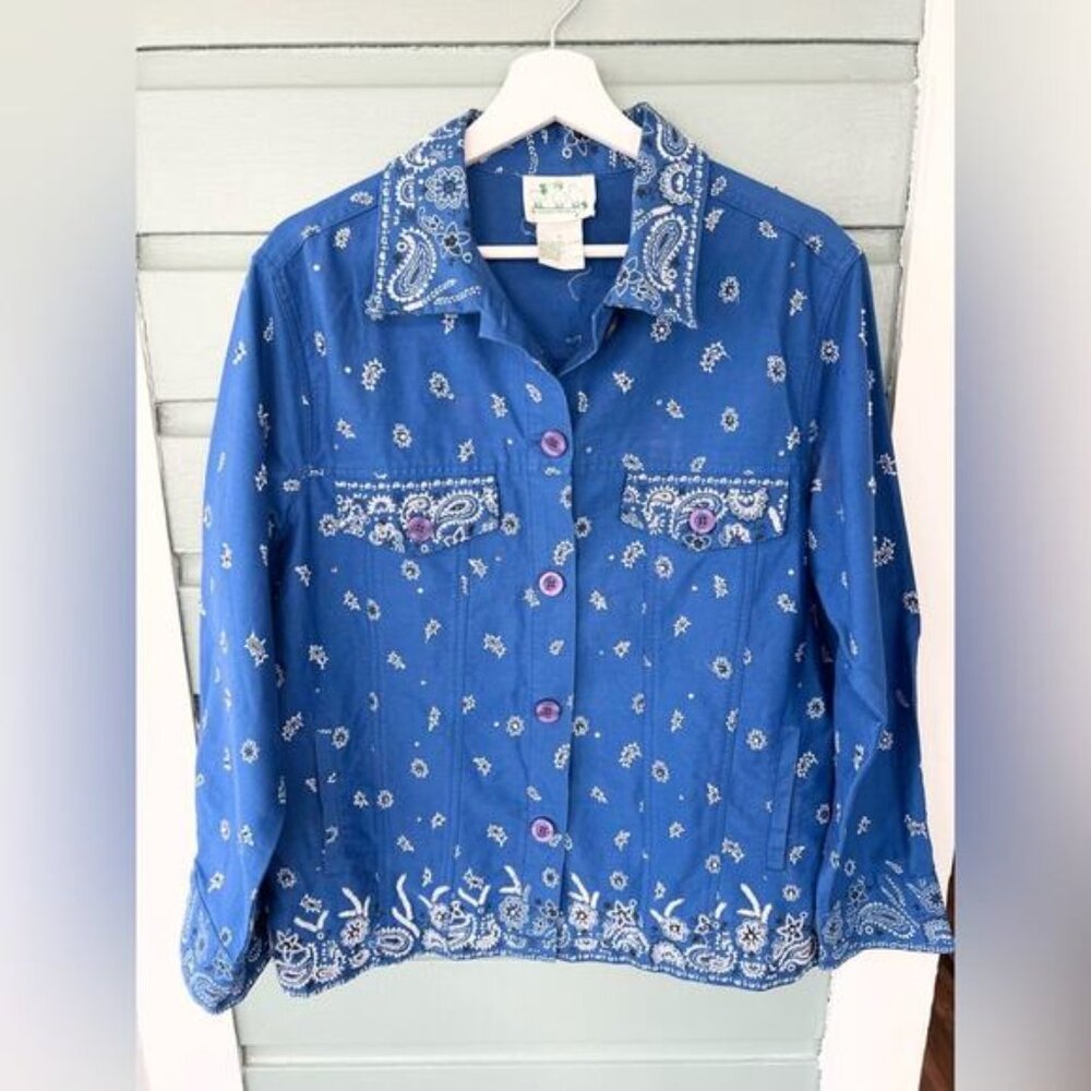 Vintage quacker factory blue bandana print jacket light coat beaded quirky weird